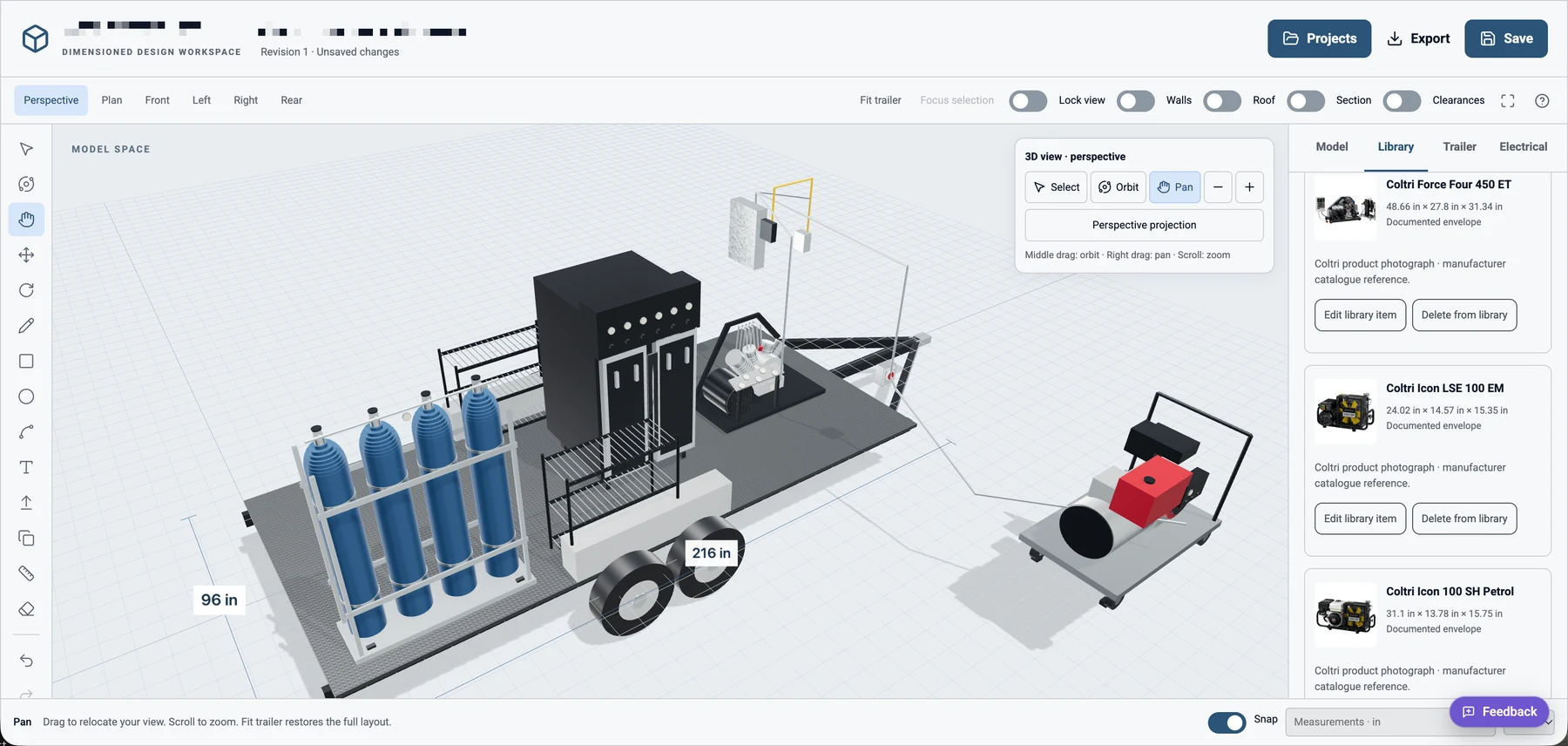 3D perspective of a configured breathing-air trailer with cylinders, fill enclosures, compressor, and power cart