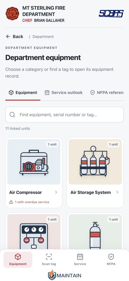 NFPA Scans department equipment directory on a phone