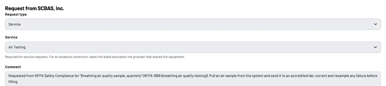 Service request with the service type and a prefilled comment naming the requirement