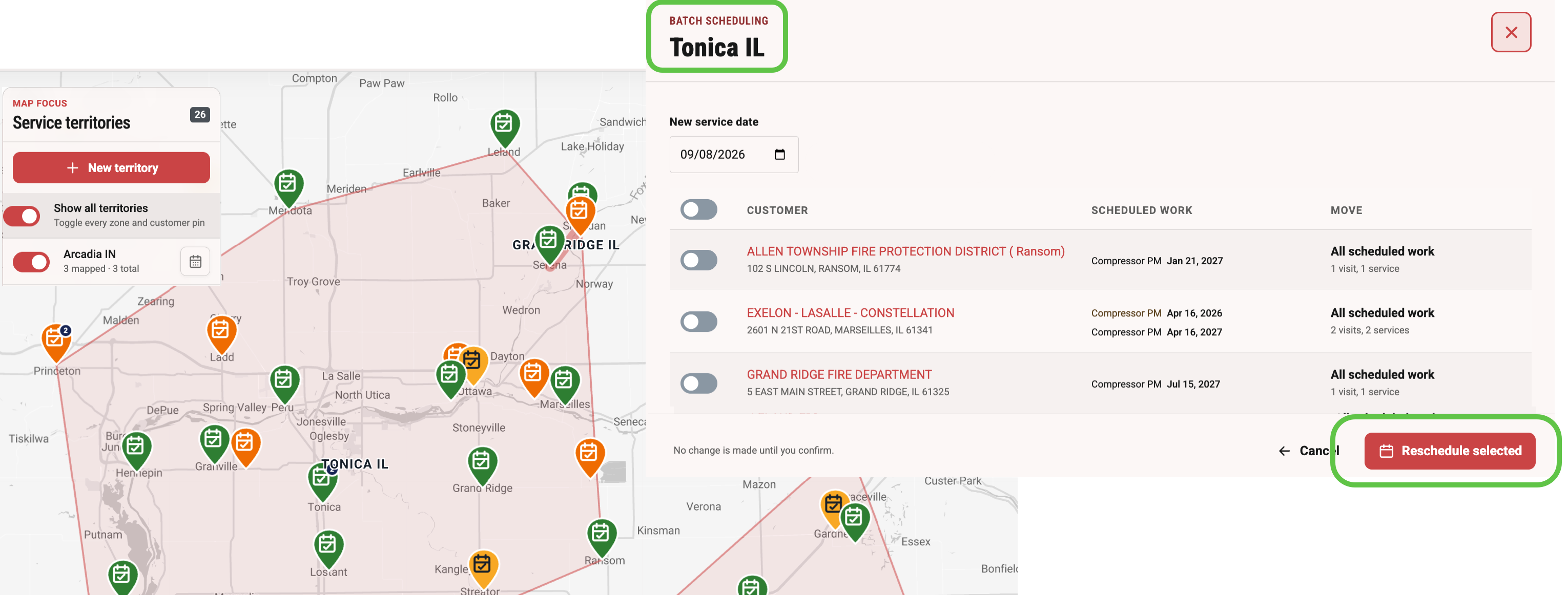 Service territory map alongside the batch scheduling workspace