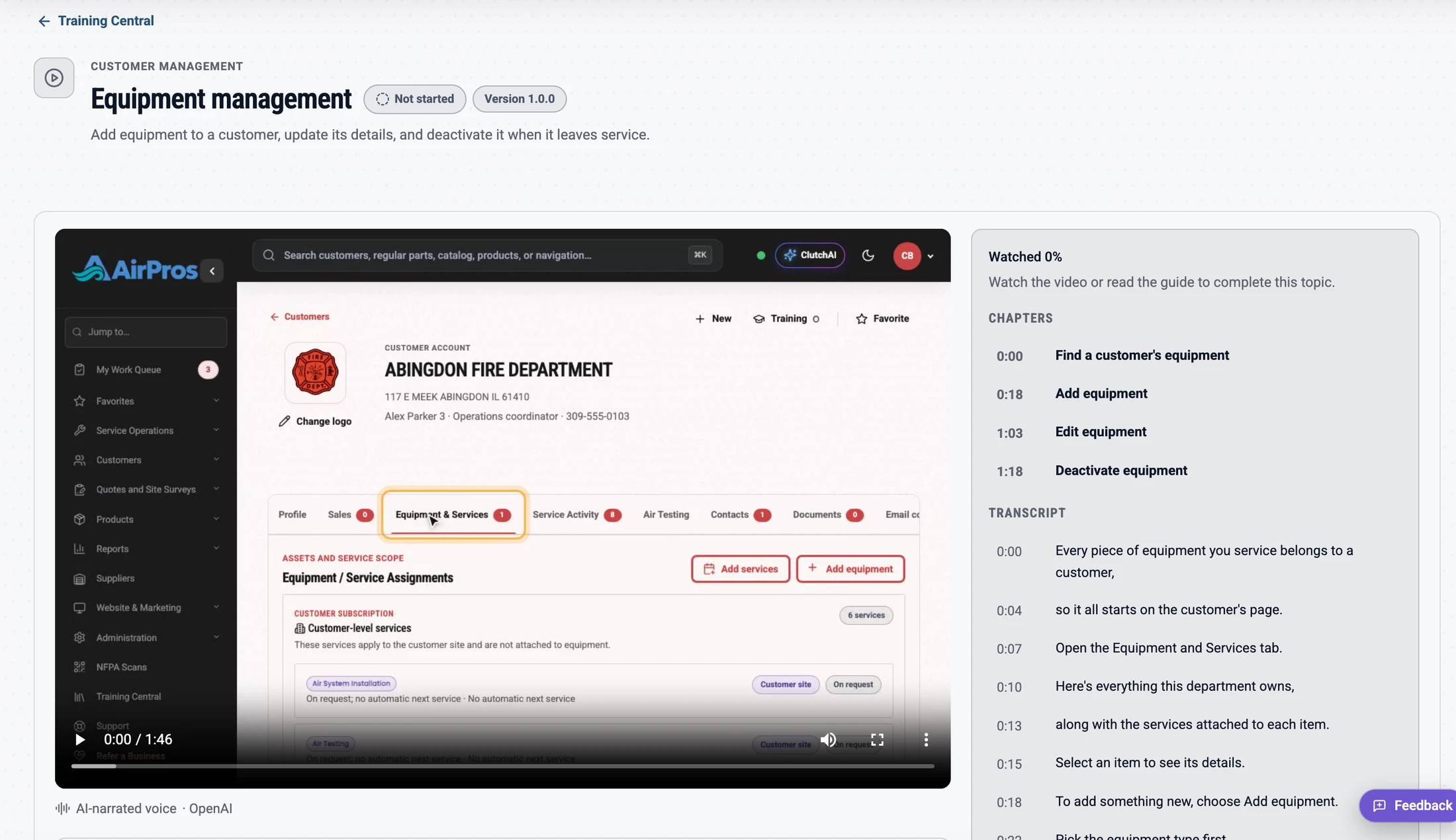 Training Central equipment management lesson with a service workflow video, chapter links, transcript, and progress tracking
